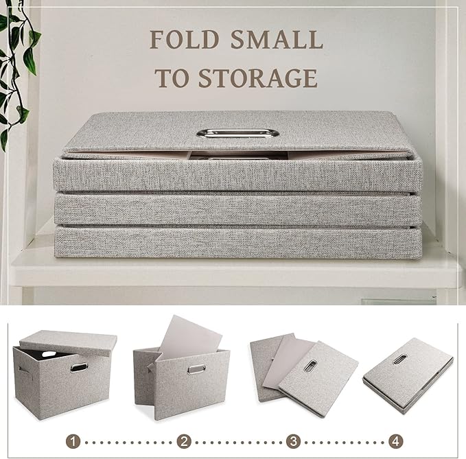 Medium 15" 21 Quart Collapsible Stackable Storage Bins with Lids, 5 Packs Beige Foldable Fabric Closet Boxes Heavy-duty Lidded Linen Cube Baskets Container Organizers and Storage-Ruum Studio Home