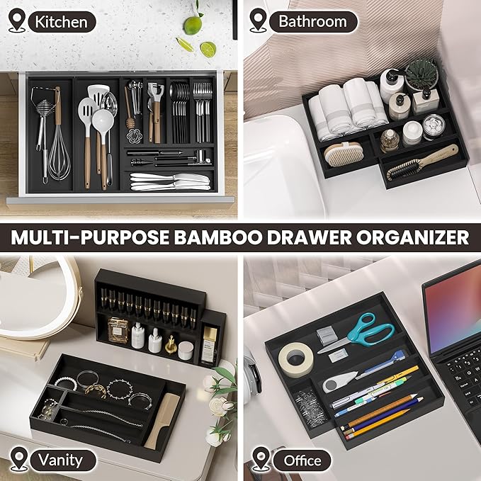 Kitchen Drawer Organizer Bins, Stackable Bamboo Drawer Organizer for Silverware, Coffee Pod Organizer K Cup Holder for Countertop, 2 Pcs Coffee Station Organizer Black 12" x 6" x 2.5"-Ruum Studio Home
