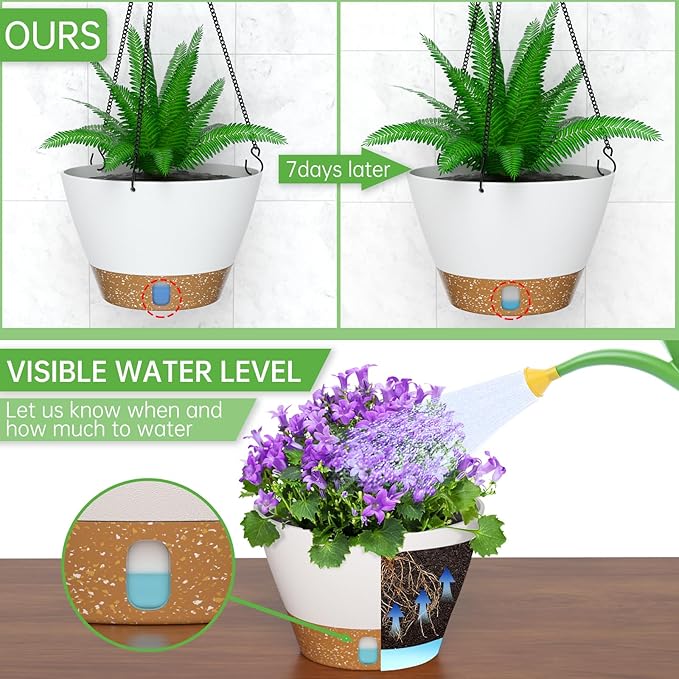 ZMTECH 10 Inch Hanging Planters for Outdoor Plants, Hanging Pots for Plants Indoor with Visible Water Level, Hanging Flower Basket with Drainage Holes & Removable Tray(2 Pack, White)-Ruum Studio Home