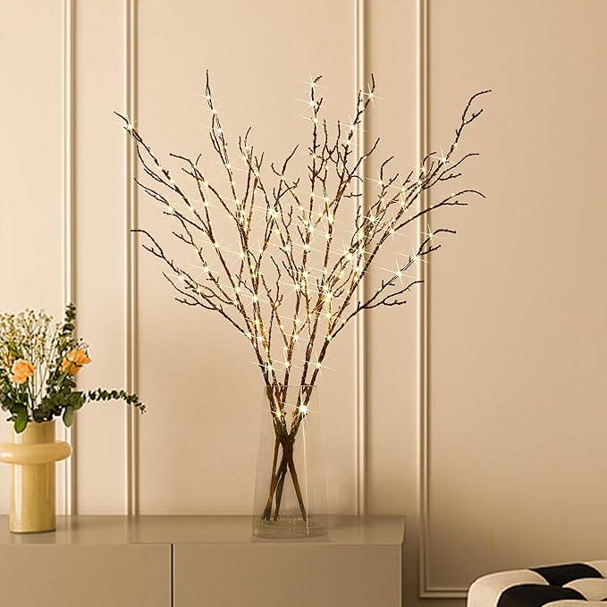 Fudios Lighted Branches Plug in 32IN 200 LED Mantle Winter Decor, Brown Twig Branch Lights for Christmas Holiday Party Indoor Outdoor-Ruum Studio Home