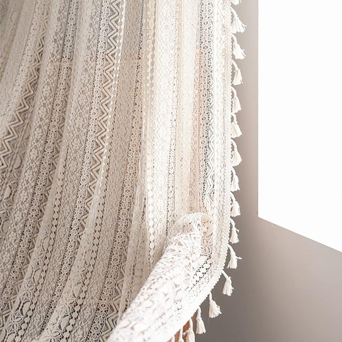 Sutuo Home Crochet Boho Curtain 84 Inches Length, Sheer Lace Handmade Tassels Knitted Window Treatment Vintage Rustic Bohemian Farmhouse Drape for Bedroom Rod Pocket 1 Panel 59" W x 84" L, Beige Wave-Ruum Studio Home