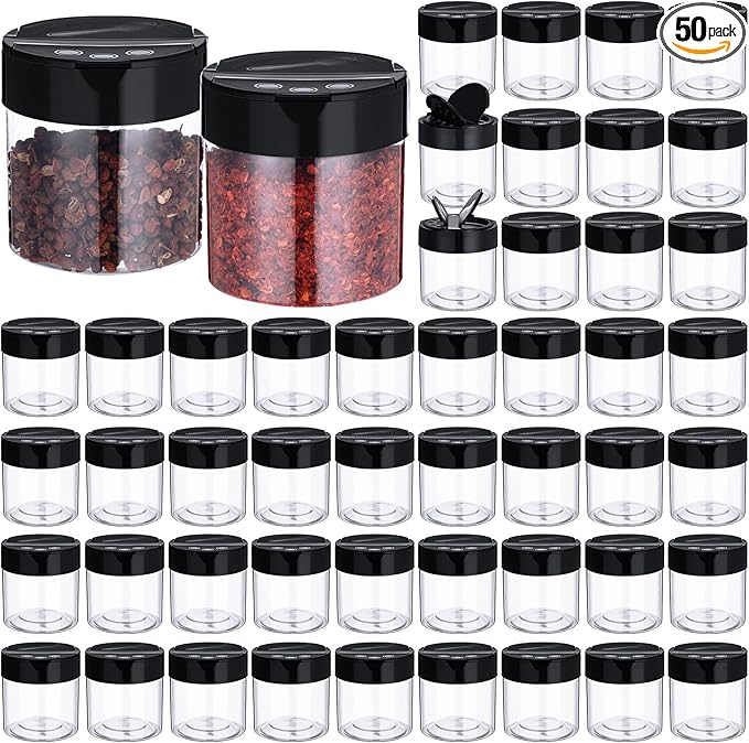 50 Pack 4.7 oz Plastic Spice Jars with Black Cap Empty Clear Plastic Spice Bottle Containers Reusable Seasoning Jars with Shaker Lids for Kitchen Storing and Dispensing Salt Powders-Ruum Studio Home