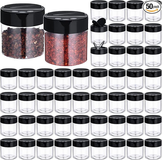50 Pack 4.7 oz Plastic Spice Jars with Black Cap Empty Clear Plastic Spice Bottle Containers Reusable Seasoning Jars with Shaker Lids for Kitchen Storing and Dispensing Salt Powders-Ruum Studio Home