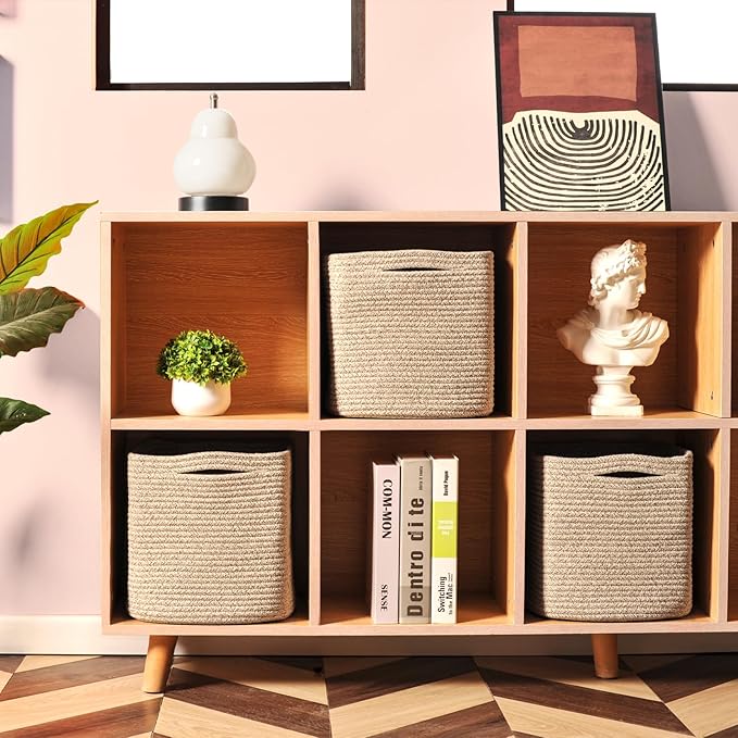 11 Inch Cube Storage Bins, Storage Cube Organizer Bins, Woven Cotton Rope Baskets for Storage, Storage Basket for Organizing Shelves, Square Baskets for Toys Nursery, Brown (Pack of 3)-Ruum Studio Home