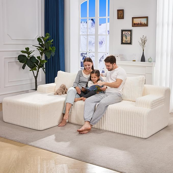 Hobestluk 96” Modular Sectional Sofa Couches L-Shape Couch 3 Seat Modular Sofa Memory Foam Sectional Couches for Living Room, Cloud Couch with Oversized Chaise (White, Stripe (Left Facing Chaise))-Ruum Studio Home