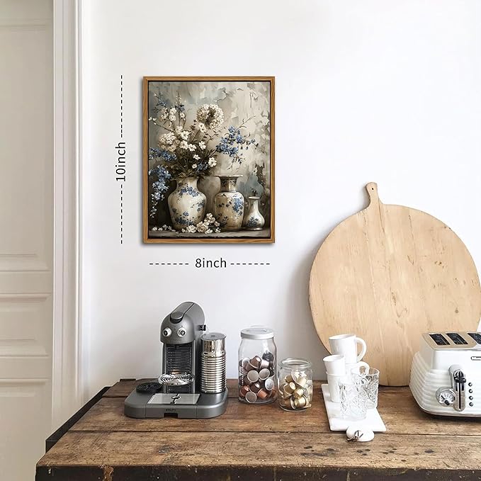 Floating Framed Farmhouse Floral Canvas Wall Art, Vintage Blue and White Flower Pictures Wall Decor, Elegant Art Jar Posters Print for Living Room Bedroom Bathroom Rustic Decor 8x10 inch-Ruum Studio Home