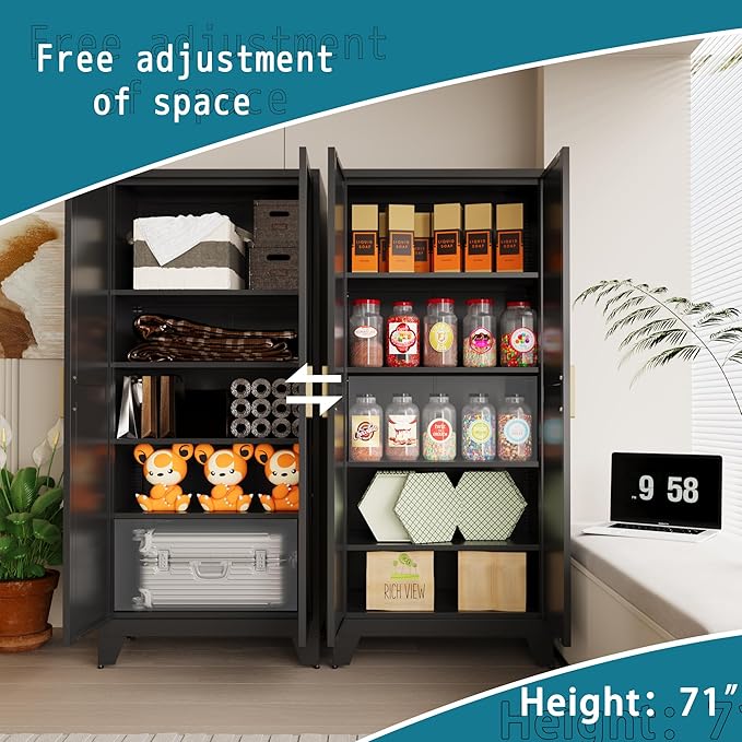 71'' Farmhouse Metal Storage Cabinet with Barn Doors,Steel File Cabinet for Home Office,Kitchen Pantry 4 Adjustable Shelves,Freestanding Cupboard for Kitchen,Home Office (Black)-Ruum Studio Home