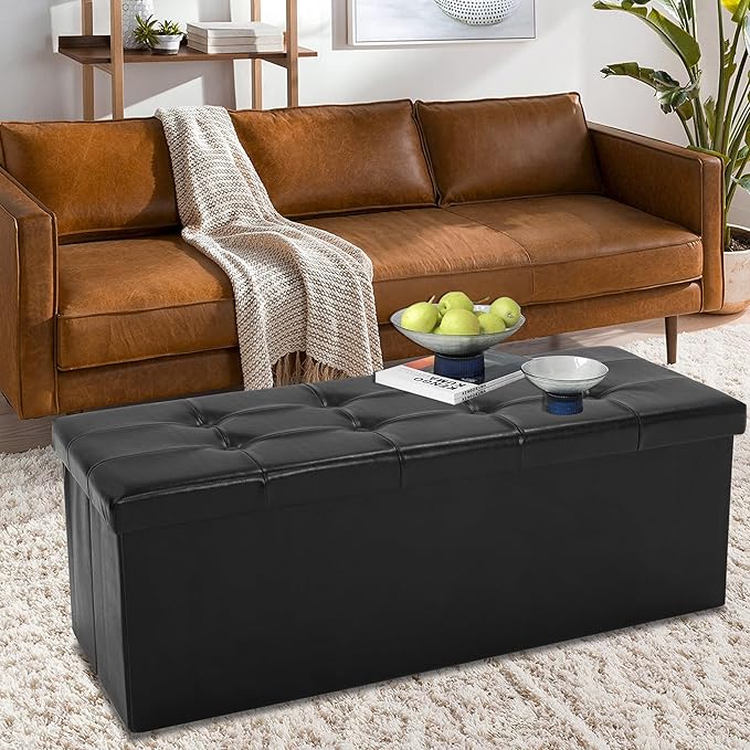 43 Inches Folding Storage Ottoman Bench, PU Leather Storage Chest, Footrest Padded Seat for Bedroom and Hallway, Holds up to 660 lbs, Black-Ruum Studio Home