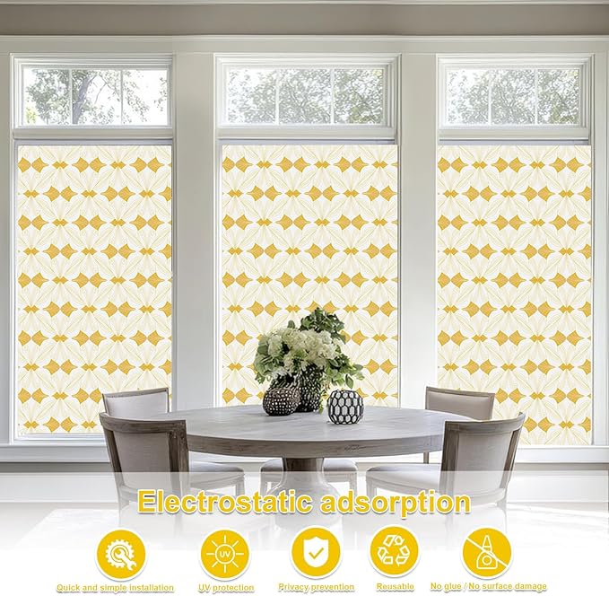 Window Privacy Film Stained Glass Decorative Static Clings Frosted Window Tint for Home Room Decor Bathroom Door Car Stickers with Glittering Effect, Removable(Golden Geometry)-Ruum Studio Home