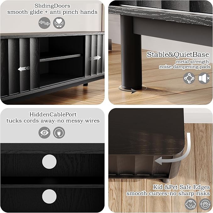 Black Mid Century Modern TV Stand, Wood Fluted Living Room TV Stands with Storage Sliding Doors, Desert-Inspired Design MCM Entertainment Center for 55 60 65 70 75 55+ 60+ 65+ 70+ Inch-Ruum Studio Home