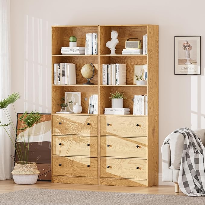 71" Tall Bookshelves Set of 2, Bookcases with Drawers, Bookshelves with Storage, Wooden Bookshelf with 3 Drawers & 3-Tier Open Shelves,Home Decor Furniture for Living Room,Bedroom,Home,Natural-Ruum Studio Home