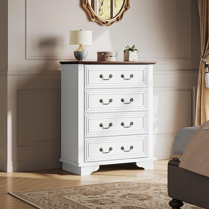 WLIVE Farmhouse Dresser for Bedroom, Tall Wood Dresser with 4 Drawers, Chest of Drawers with Roman Metal Handle for Living Room, Hallway, Closet, White-Ruum Studio Home