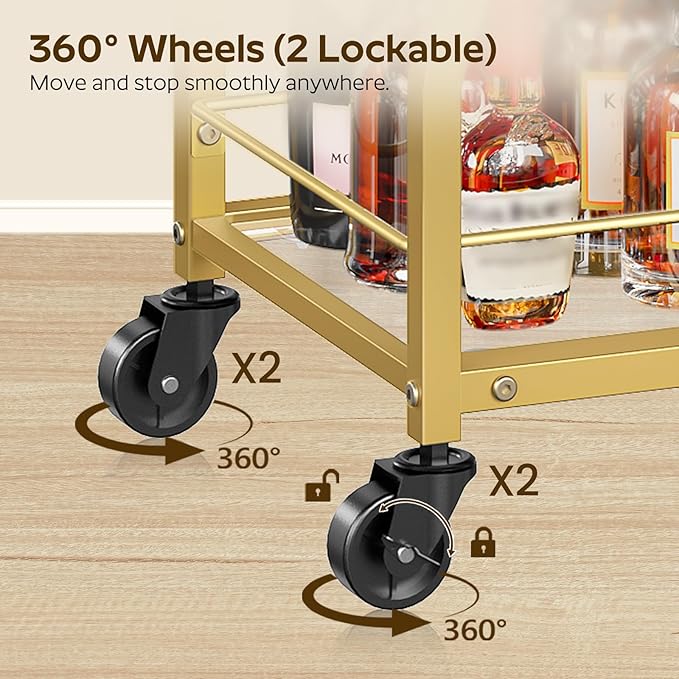 Bar Cart, 3-Tier Bar Cart for The Home, Home Bar Serving Cart with Glass Holders, Beverage Cart for Kitchen, Dining, Party Room, Gold BC03GD-Ruum Studio Home
