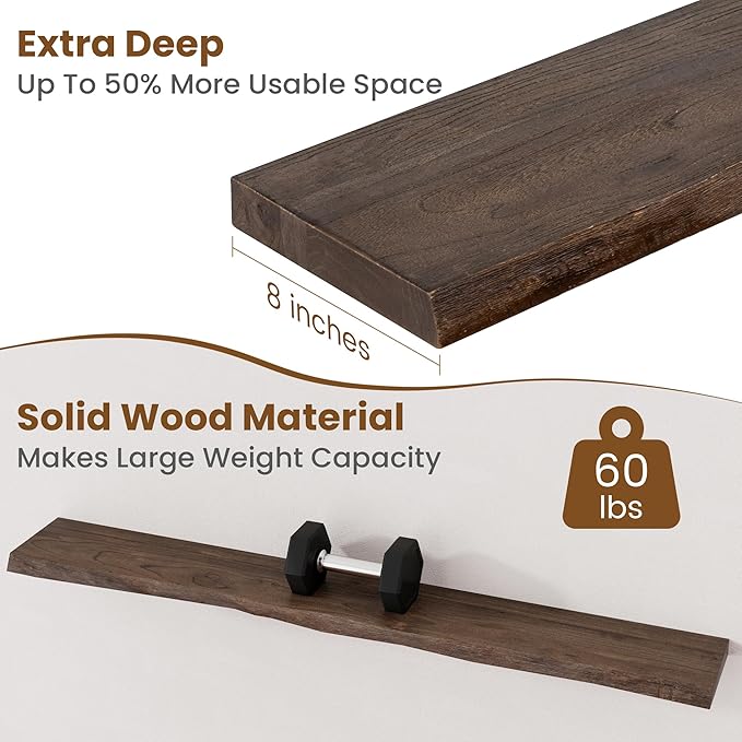 Floating Shelves for Wall Decor, Rustic Solid Elm Wood Live Edge Floating Shelves Wall Mounted, Wall Shelves with Invisible Bracket for Living Room Bathroom Bedroom Kitchen, 55 Inch, Walnut-Ruum Studio Home