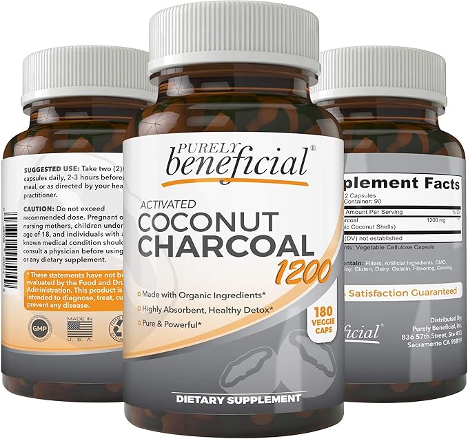 Activated Coconut Charcoal 1200mg, 180 Capsules - Pills for Digestive System, Bloating, Vegan (1bottle)-Ruum Studio Home