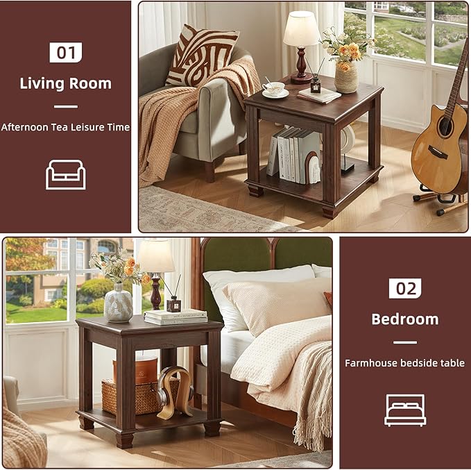 Farmhouse End Table,Large Side Table with 2-Tier Storage Shelf,Rustic Brown End Tables for Living Room,Square Tea Table,Walnut-Ruum Studio Home