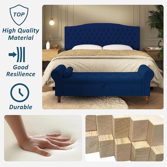 Storage Ottoman Bench for Bedroom, 63" End of Bed Bench with Rolled Arms Upholstered Ottoman Bench Fit for Bedroom, Living Room, Entryway, Velvet Navy Blue-Ruum Studio Home