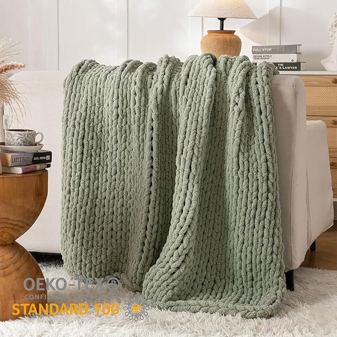 Chunky Knit Blanket Throw, 100% Hand Knit Throw Blanket Handmade Chenille Cable Knit Throw for Couch, Stylish Cozy Soft Rope Knot Crochet Blanket for Home Decor, Sage Green, 60x80 Inches-Ruum Studio Home