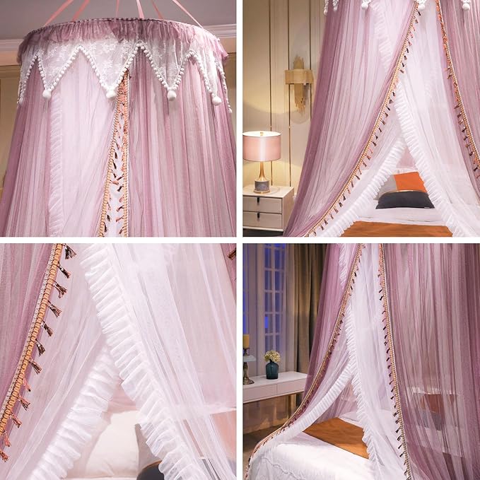 AIKASY Girls and Adults Canopy Bed, Elegant Double-Layer Bed Curtain, Children's Dream Round Lace Mosquito Net, Princess Canopy Net - Fits Twin, Full, Queen, and King Beds (White/Red Bean)-Ruum Studio Home