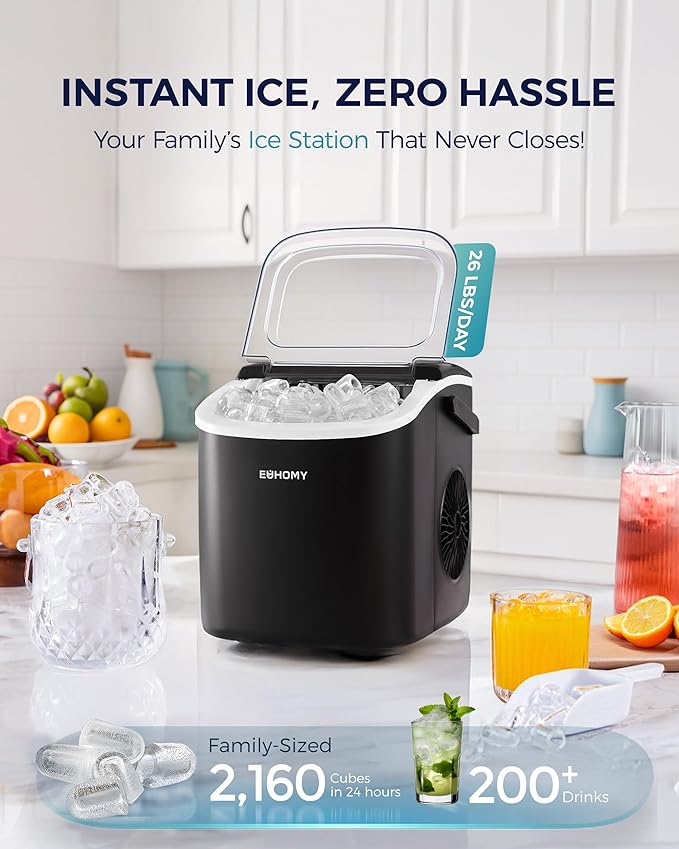 EUHOMY Countertop Ice Maker Machine with Handle, 26lbs in 24Hrs, 9 Ice Cubes Ready in 6 Mins, Auto-Cleaning Portable Ice Maker with Basket and Scoop, for Home/Kitchen/Camping/RV. (Black)-Ruum Studio Home