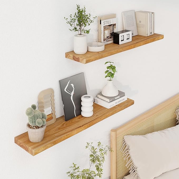Axeman 36 inch Floating Shelves for Wall - 8'' D Live Edge Rustic Solid Elm Wood Floating Shelves Wall Mounted, Wall Shelves with Invisible Bracket for Living Room Bedroom Kitchen, Set of 2 Natural-Ruum Studio Home