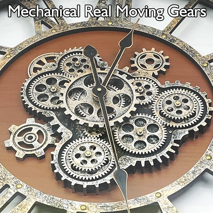 DORBOKER 24" Original Moving Gears Wall Clock, Large Industrial Wall Clock for Living Room Decor, Retro Wood Vintage Farmhouse Steampunk Rustic Clocks for Wall Decor,Brown Nanmu-Ruum Studio Home