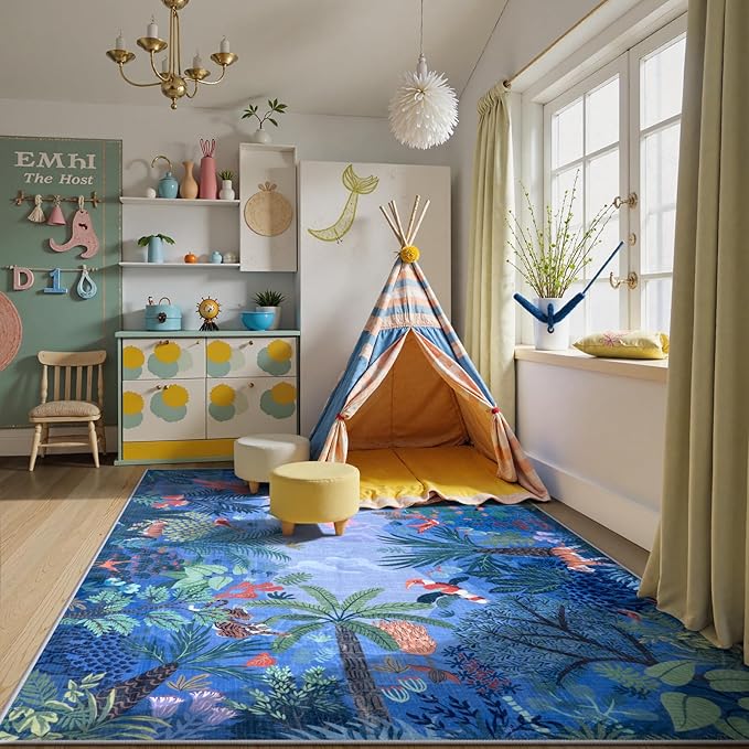 LIVEBOX Washable Jungle Animal Print Rugs 9x12 Blue Rugs for Living Room, Stain Resistant Soft Kids Area Rugs for Bedroom, Non-Skid Modern Dining Room Rug Floor Carpet for Playroom Kids Nursery-Ruum Studio Home