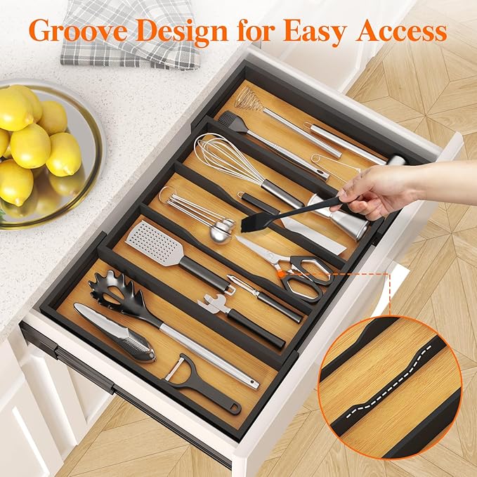 Lifewit Utensil Organizer for Kitchen Drawer, Bamboo Cooking Utensil Tray, Expandable Cutlery Silverware Flatware Holder, Adjustable Spatula Tools Gadgets Storage Divider, Large, Natural and Black-Ruum Studio Home