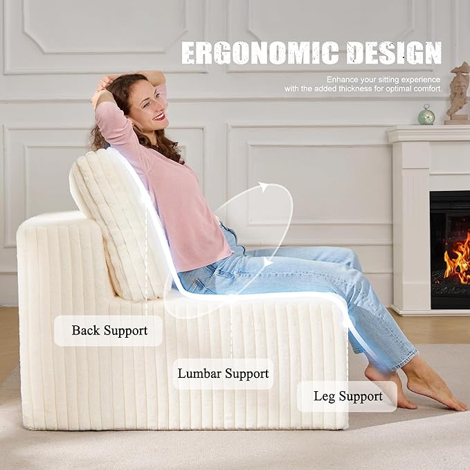 Single Sofa 1 Seat Couch with Deep Seat Memory Foam Cloud Chair with Pillows Large Sofa with L Shape for Living Room Bedroom (Strip White, Single)-Ruum Studio Home