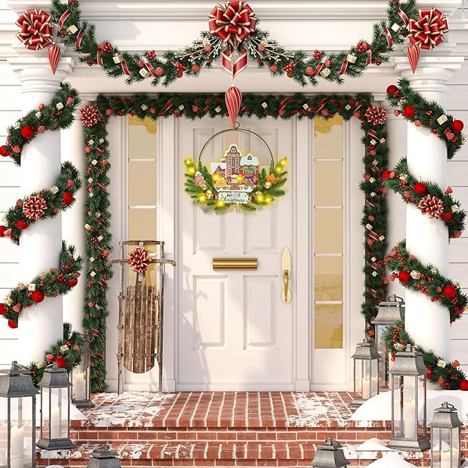 Light up Christmas Wreaths for Front Door, Welcome Metal Wooden Door Wreath Decor Hanging Sign, 30 LED Lighted Wall Decor Battery Operated for Halloween Indoor Outdoor (Gingerbread Man)-Ruum Studio Home
