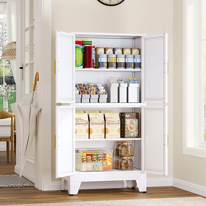 47.25" Metal Pantry Cabinet, Storage Cabinets with 4 Door and 2 Adjustable Shelves, White Bathroom Cabinet, Freestanding Cupboard for Kitchen Dining Living Room Bathroom-Ruum Studio Home