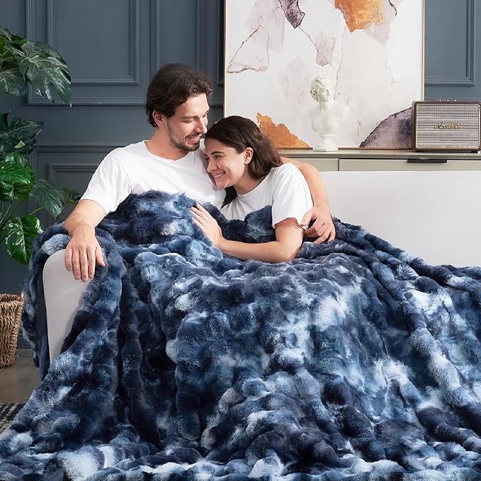 Cozy Bliss Faux Fur Throw Blanket for Couch, Fuzzy Soft Plush Thick Bubble Blanket for Sofa Bedroom Living Room, 108 * 90 Inches Tie Dye Blue-Ruum Studio Home