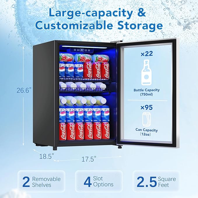 2.5 Cu.Ft Beverage Fridge, Mini Fridge With Glass Door, Beverage Cooler Refrigerator, Wine Drink Beer Cooler, Adjustable Shelves & Digital Temperature Display, 22 Bottle 95 Can-Ruum Studio Home