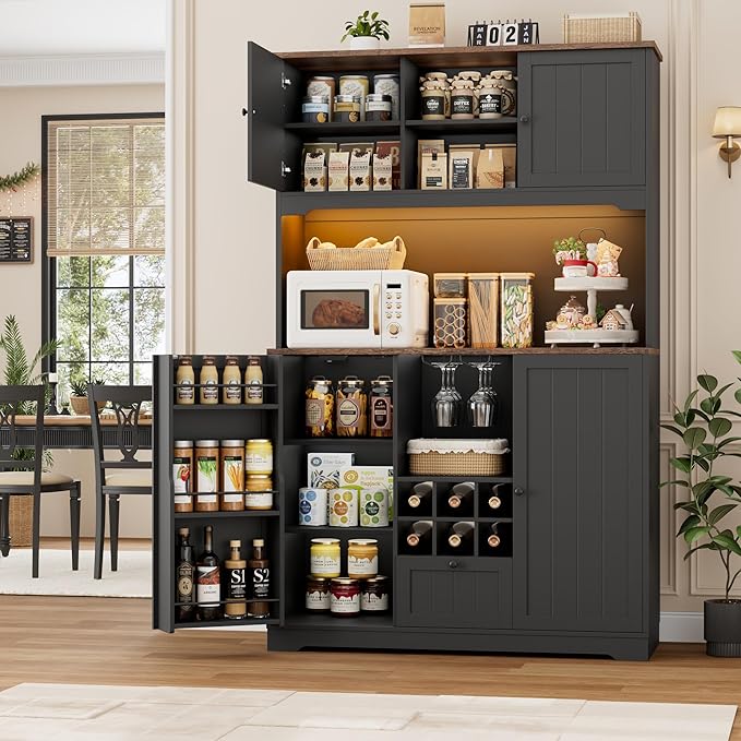 FINETONES 71" Pantry Cabinet with LED Light and Charging Station, Kitchen Pantry Cabinet with Microwave Stand, Kitchen Hutch Food Storage Cabinet with Outlet and Wine Racks, Black-Ruum Studio Home