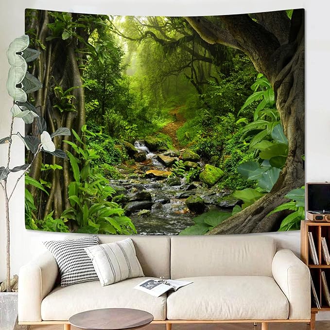 AMM Green Rainforest Tapestry Nature Forest Tapestry for Bedroom Aesthetic Misty Tropical Jungle Trees Flowing Stream Landscape Tapestries Wall Hanging for Living Room Dorm 80 x 60 Inch-Ruum Studio Home