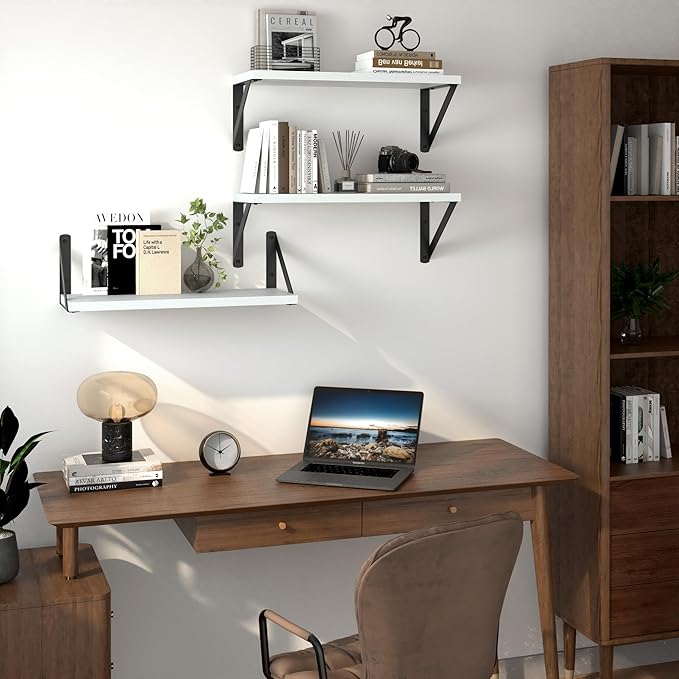 Heimlove Floating Shelves for Wall, 16 Inch Long Wood Floating Shelves Set of 3, Wall Mounted Hanging Shelf for Bathroom Bedroom Kitchen, White-Ruum Studio Home