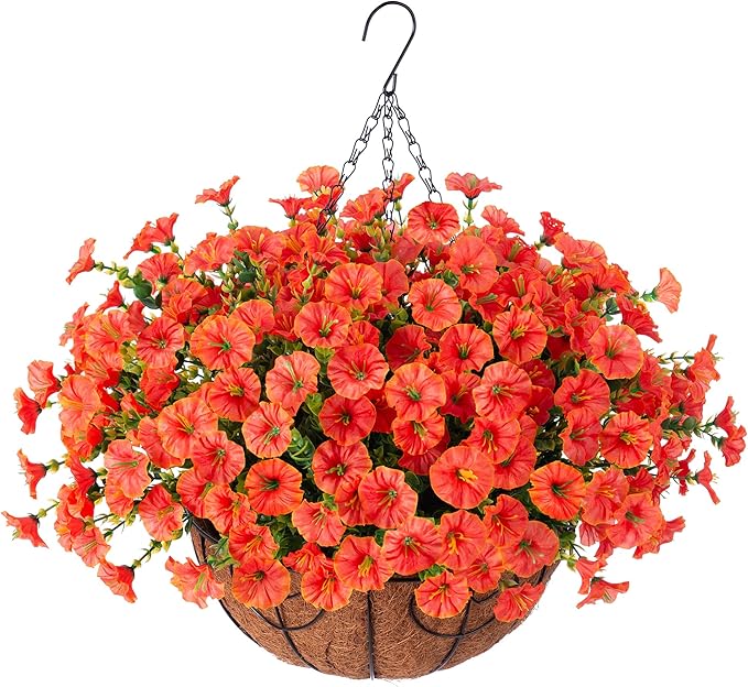 Artificial Fall Flowers Fake Hanging Plants Flowers Basket for Outdoors Autumn Decoration, Orange Silk Morning Glory with Eucalyptus Look Real UV Resistant Faux Flowers for Outside Porch Patio Balcony-Ruum Studio Home