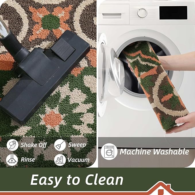 BEQHAUSE Dirt Trapper Door Mat 20" x 32", Non-Slip Entryway Rugs Washable, Floor Mat Stain Resistant and Absorbent Welcome Mat for Front Back Door, Muddy Wet Shoes & Paws, Boho Geometric Floral-Ruum Studio Home