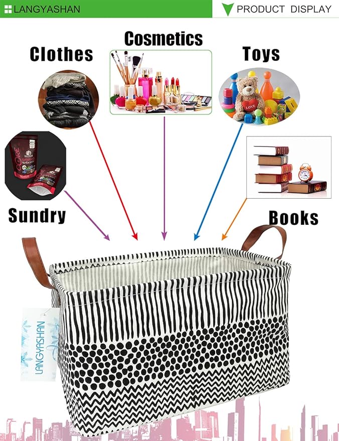 LANGYASHAN Rectangular Storage Bin Collapse Canvas Fabric Cartoon Storage Basket with Handles for Organizing Home Kitchen Boys and Girls Toys Office Closet Shelf Baskets (Rec Black line)-Ruum Studio Home