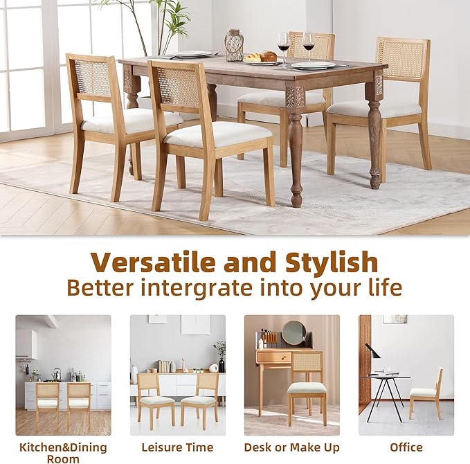 Westice Rattan Dining Chairs Set of 4, Farmhouse Natural Dining Room Chairs with Upholstered Cushion, Wood Armless Chairs for Kitchen/Restaurant-Ruum Studio Home
