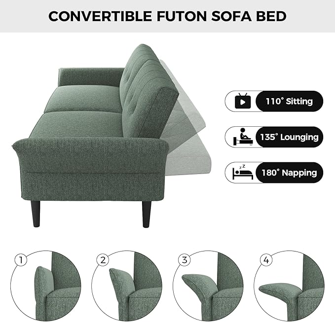 89” Futon Sofa Bed, Linen Comfy Futon Couch Bed with 2 Square Pillows, Convertible Sleeper Sofa with Adjustable Backrest& Armrests, Modern Loveseat Sleeper for Living Room, Bedroom, Green-Ruum Studio Home