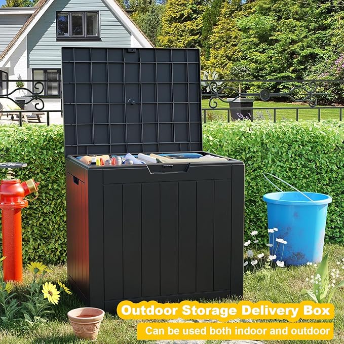 Vixzen 30 Gallon Resin Deck Box, Lockable Outdoor Storage Box for Patio Cushions Storage Furniture,Garden Tools, Pool Supplies, Weatherproof and UV Resistant- Black-Ruum Studio Home
