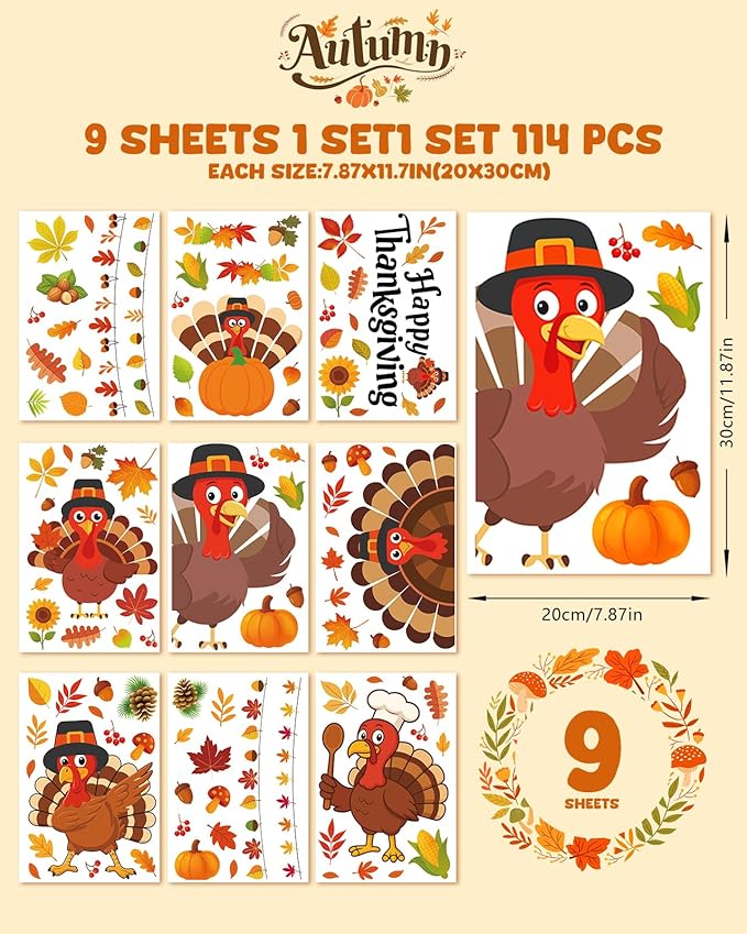 Thanksgiving Window Clings - 9 Sheets 114 Pcs Thanksgiving Decorations for Fall Autumn Harvest Home Party, Pumpkin Leaves Turkey Acorns Stickers for Glass, Double-Sided Static Window Decals-Ruum Studio Home