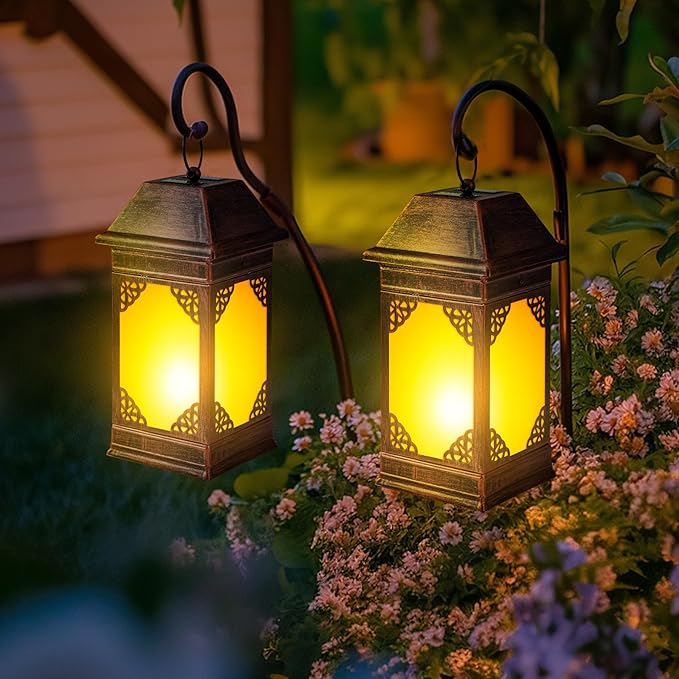 14" Solar Lanterns Outdoor Waterproof, Glass Flickering Flame Solar Lantern, Hanging Metal Lantern Decorative for Patio Front Porch Garden Backyard Tabletop Party Decoration-Ruum Studio Home