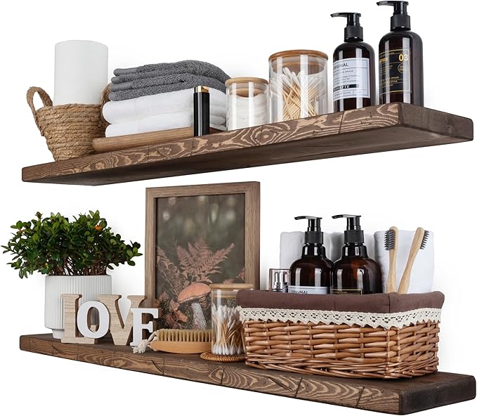 BGMG Floating Shelves 36 inch Long, Distressed,Wide Rustic Wooden Wall Shelves for Bathroom Living Room Bedroom Kitchen Farmhouse Set of 2-36x6.7x1.25 inch-Distressed Walnut-Ruum Studio Home