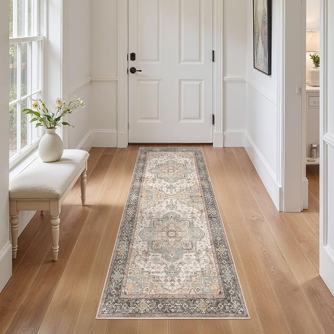 Washable 2x6 Runner Rug - Area Rugs Neutral Vintage Distressed Floral Farmhouse Boho Large Soft Floor Rug Indoor Carpet for Hallway Entryway Bedroom Kitchen - Forest Green Orange-Ruum Studio Home