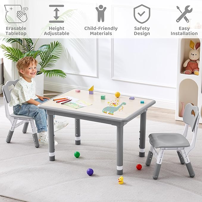 Kids Table and 2 Chairs Set, Height Adjustable (17.7"-26.1") Toddler Table and Chair Set, Multi-Activity Table with Graffiti Desktop, Children’s Table and Chairs for Classroom, Home & Daycare-Ruum Studio Home