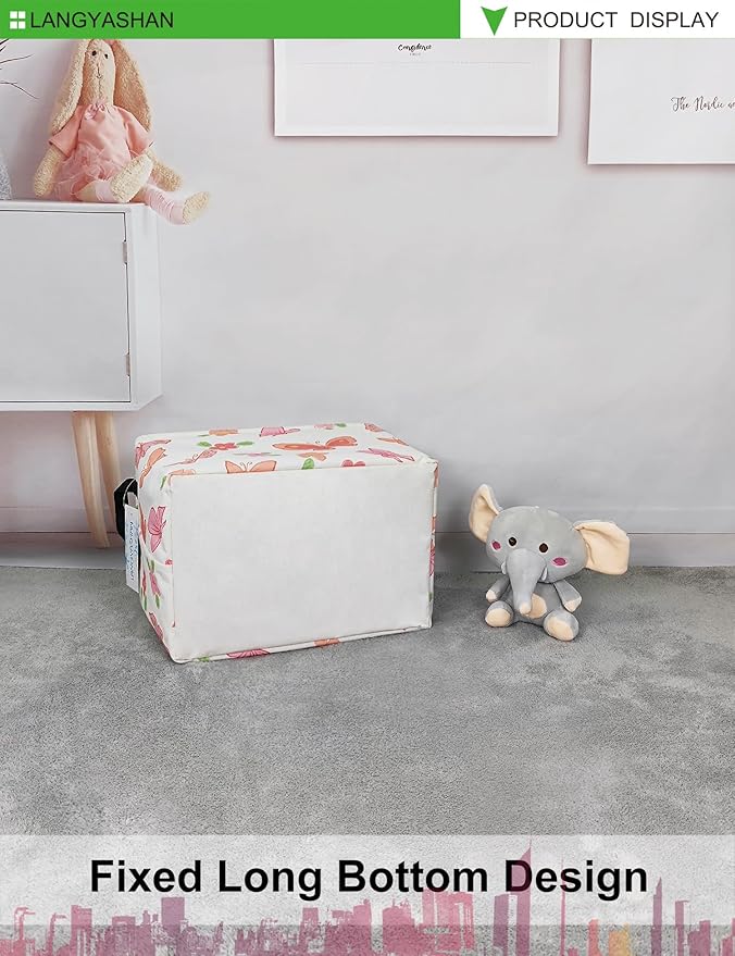 LANGYASHAN Rectangular Storage Bin Collapse Canvas Fabric Cartoon Storage Basket with Handles for Organizing Home Kitchen Boys and Girls Toys Office Closet Shelf Baskets (Rec Pink Butterfly)-Ruum Studio Home