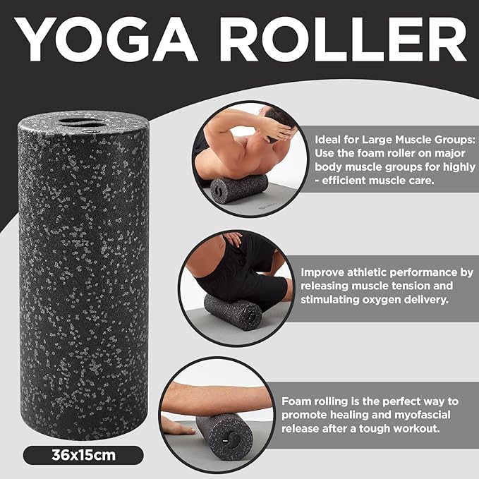 5 in 1 Foam Roller Set with Peanut Massage Ball, Curved Muscle Brush - Yoga Roller, Massage Ball, Trigger Point Triangle for Deep Tissue Relief (Black Gray)-Ruum Studio Home