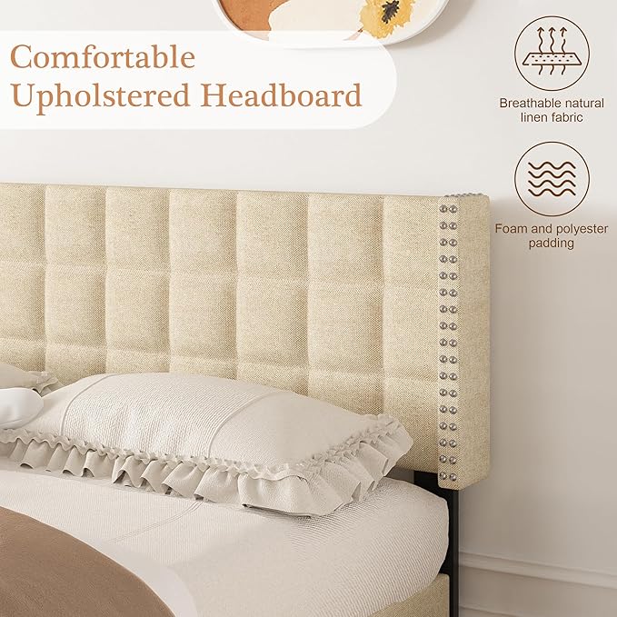 VECELO Headboard Queen Size, Linen Upholstered Headboards Only with Nailhead Trim Wingback, Square Stitched Design, Adjustable Height from 40" to 49.8", Oatmeal-Ruum Studio Home
